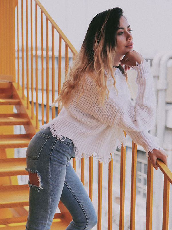 White V-neck Tassel Knit Sweaters