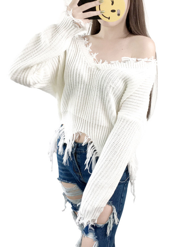 White V-neck Tassel Knit Sweaters