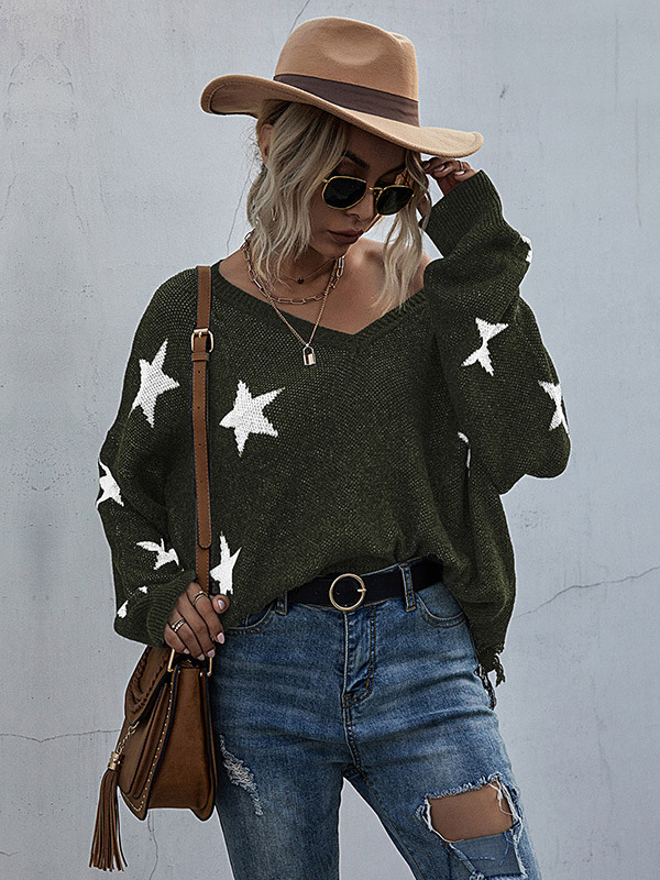 Green V-neck Printed Stars Pattern Knit Sweaters