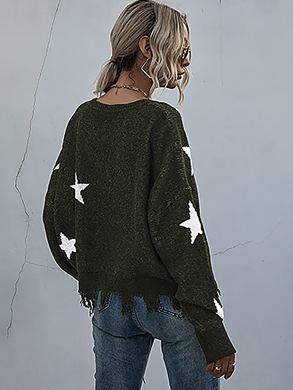 Green V-neck Printed Stars Pattern Knit Sweaters