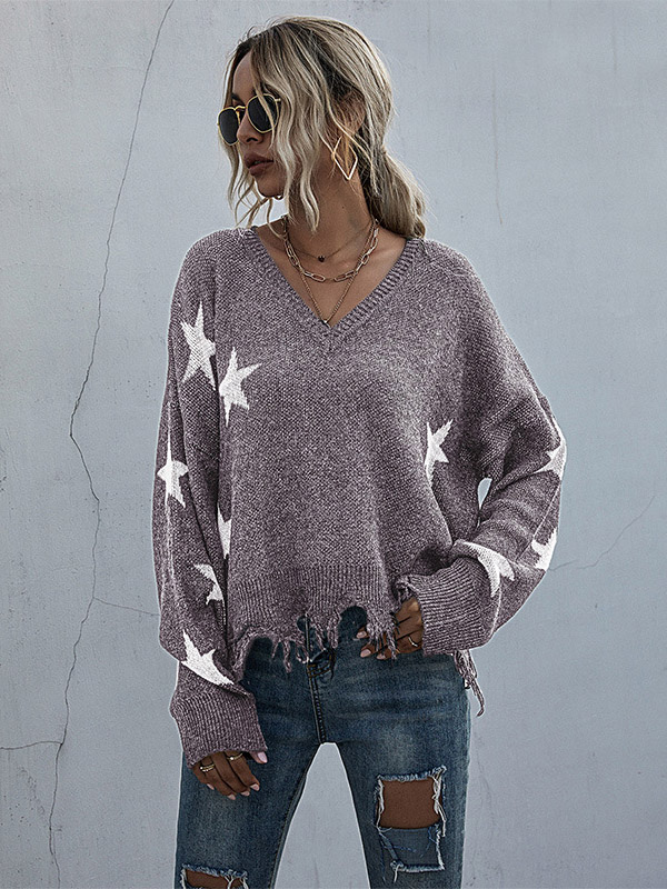 Purple V-neck Printed Stars Pattern Knit Sweaters