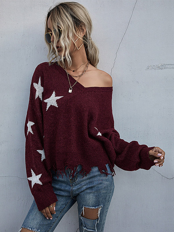 Red V-neck Printed Stars Pattern Knit Sweaters