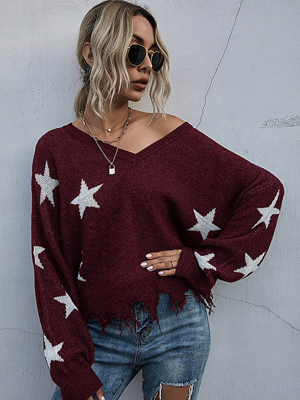 Red V-neck Printed Stars Pattern Knit Sweaters