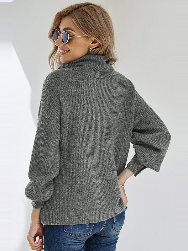 Grey Oversize Funnel Neck Button Details Knit Sweaters