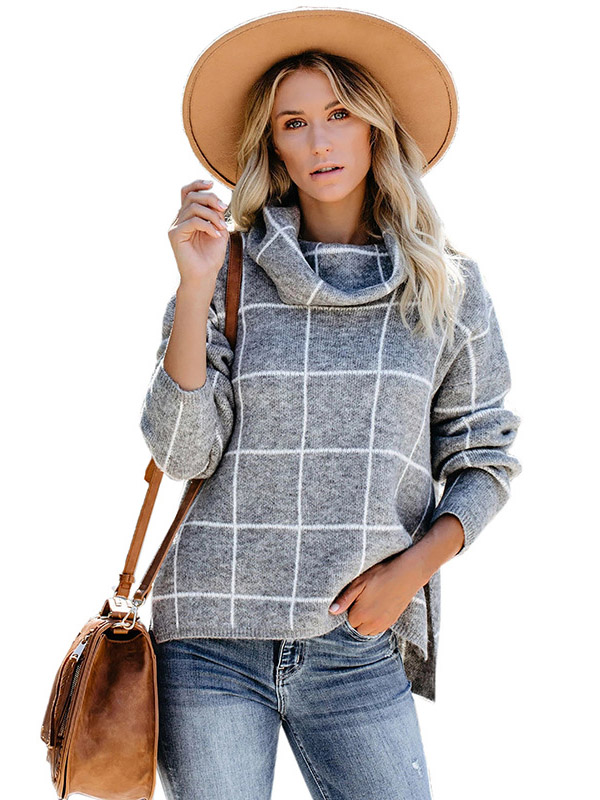 Grey Funnel Neck Street Knit Sweaters With Plaid Pattern