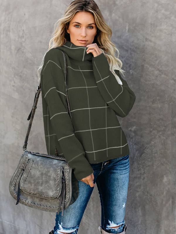 Green Funnel Neck Street Knit Sweaters With Plaid Pattern