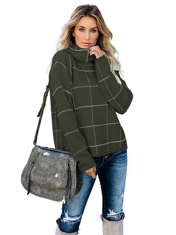 Green Funnel Neck Street Knit Sweaters With Plaid Pattern