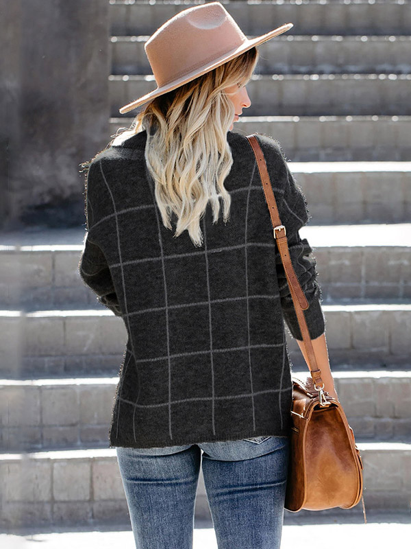 Black Funnel Neck Street Knit Sweaters With Plaid Pattern