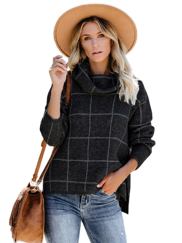 Black Funnel Neck Street Knit Sweaters With Plaid Pattern