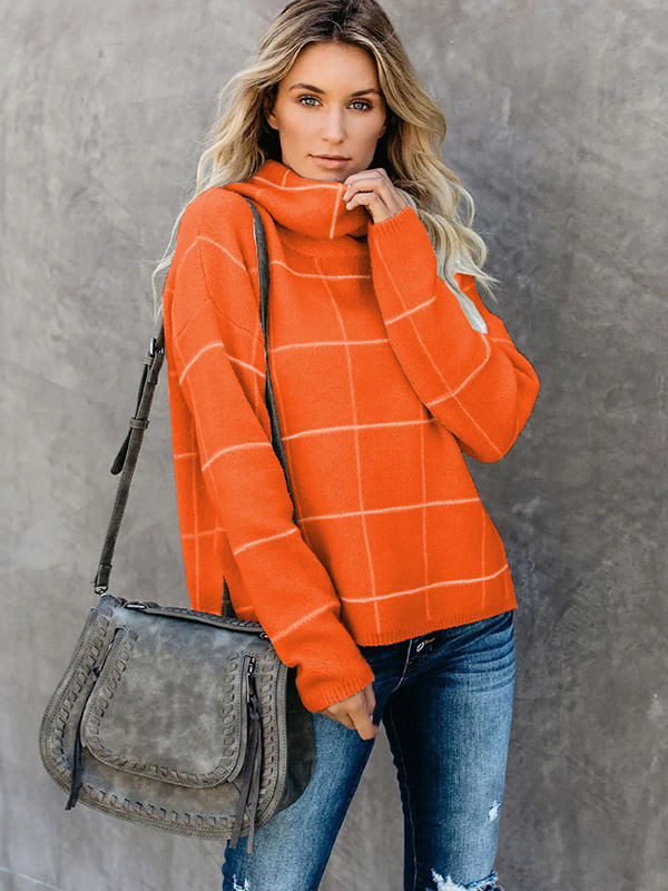 Orange Funnel Neck Street Knit Sweaters With Plaid Pattern