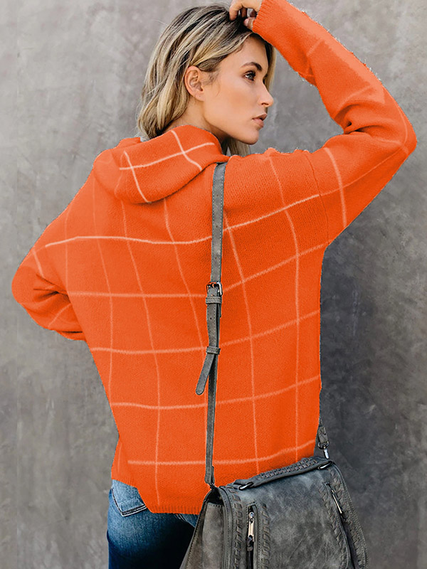 Orange Funnel Neck Street Knit Sweaters With Plaid Pattern