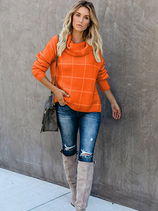 Orange Funnel Neck Street Knit Sweaters With Plaid Pattern