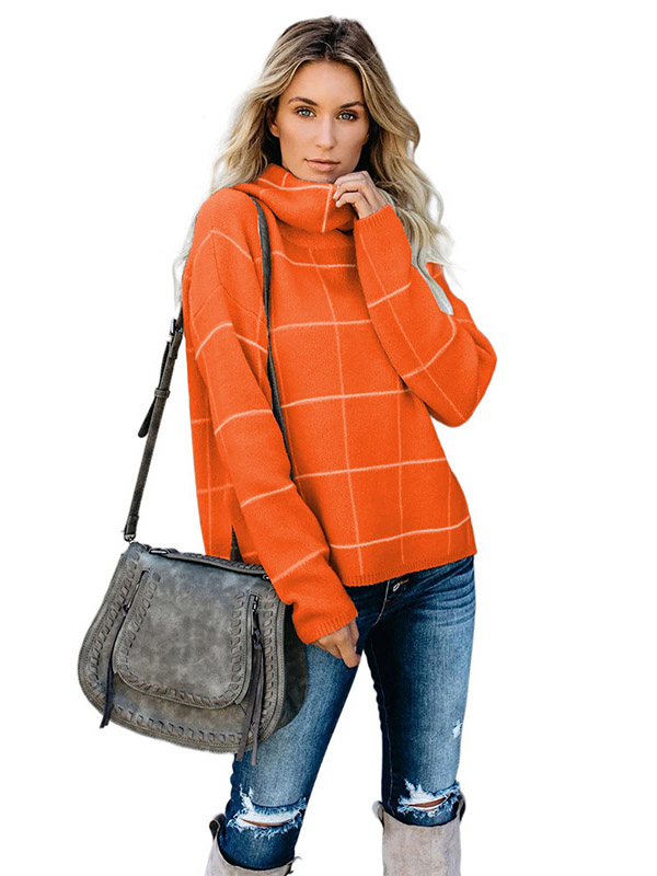 Orange Funnel Neck Street Knit Sweaters With Plaid Pattern