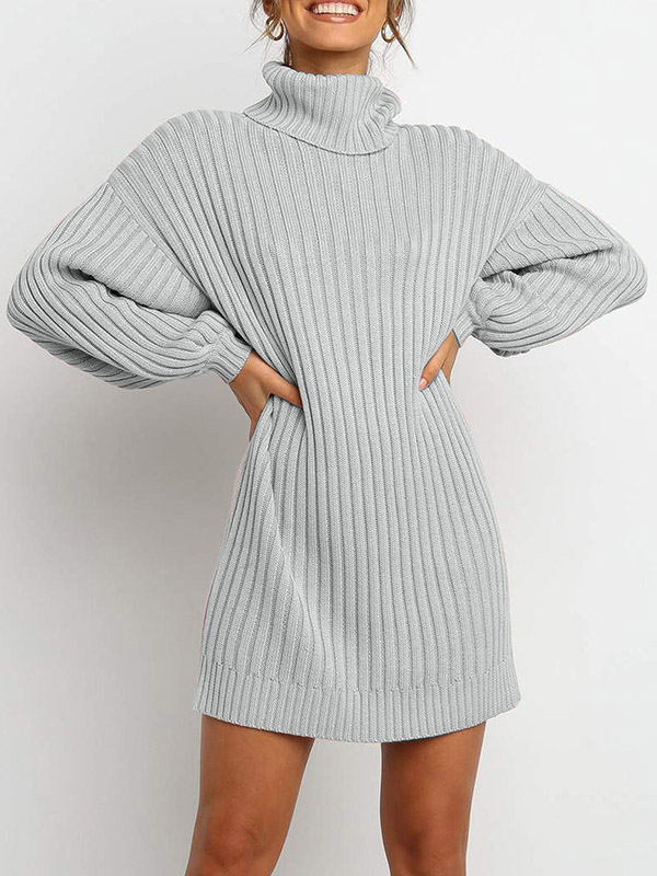 Grey Oversize Funnel Neck A-line Midi Knit Dresses