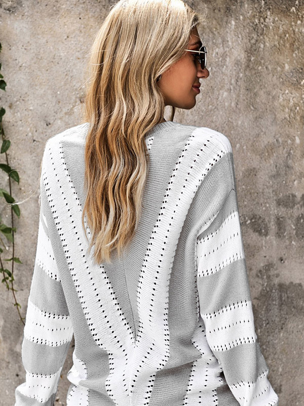 Grey Oversize V-neck Knit Sweaters With Stripes Patterns