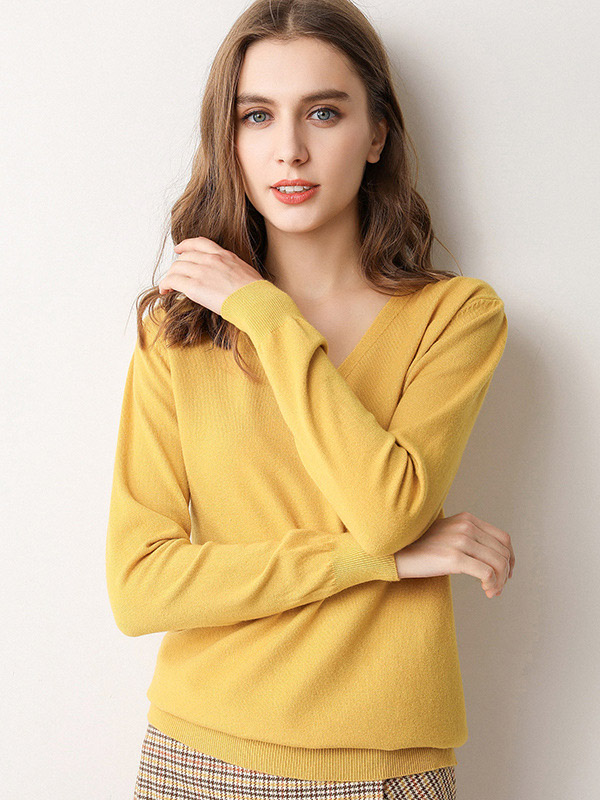 Yellow V-neck Comfortable Base Knit Sweaters