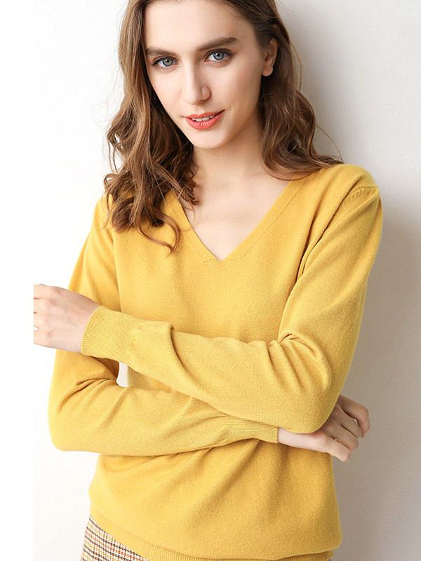 Yellow V-neck Comfortable Base Knit Sweaters