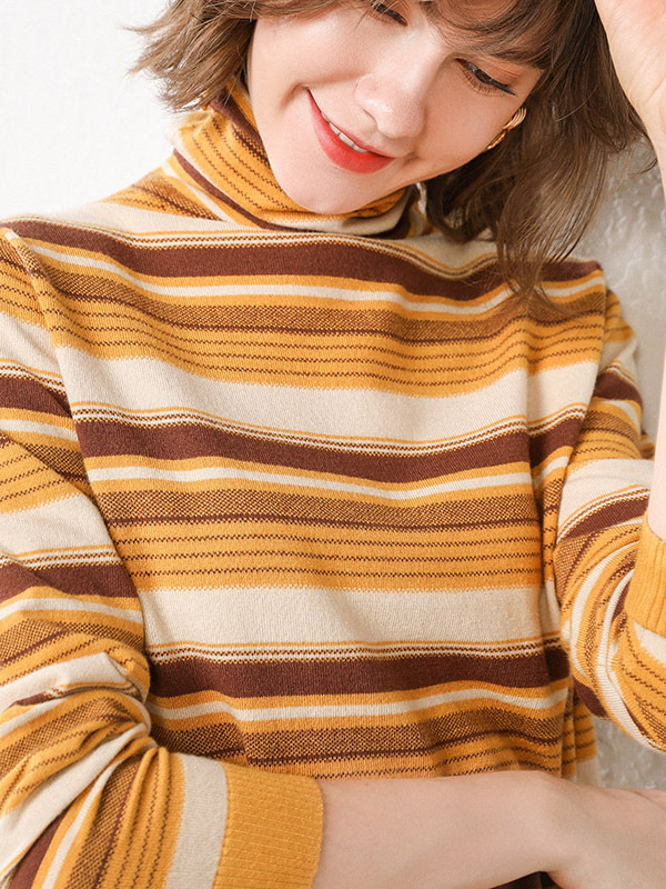 Yellow Funnel Neck Stripes Design Knit Sweaters