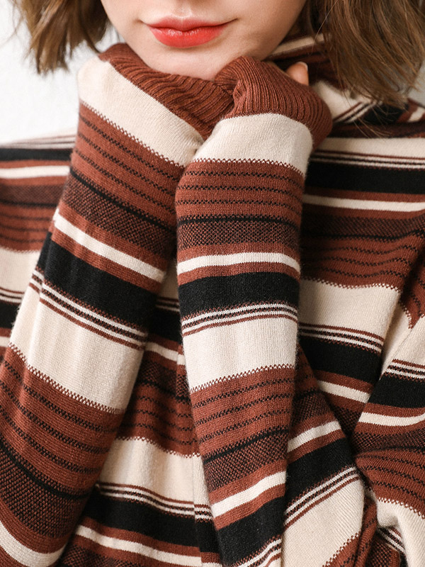 Brown Funnel Neck Stripes Design Knit Sweaters