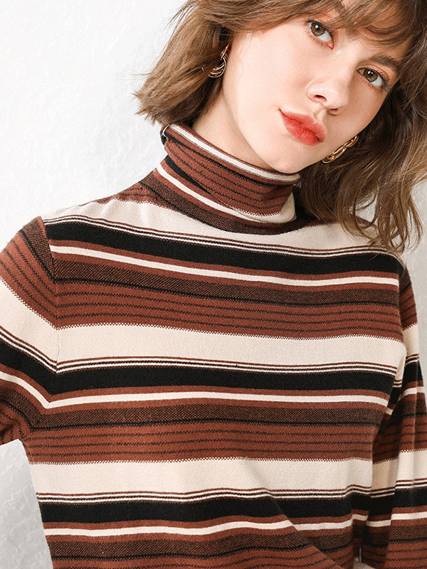 Brown Funnel Neck Stripes Design Knit Sweaters