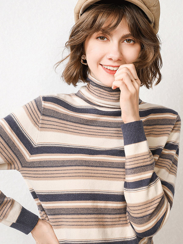 Blue Funnel Neck Stripes Design Knit Sweaters