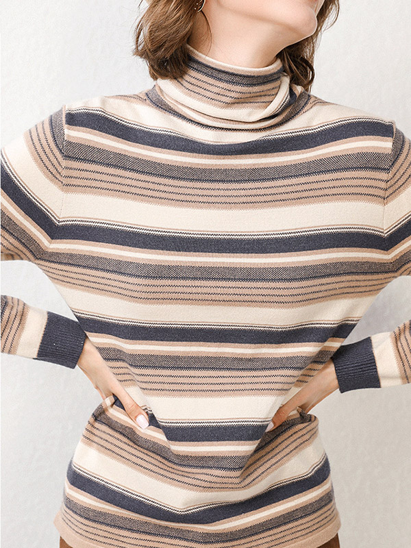 Blue Funnel Neck Stripes Design Knit Sweaters