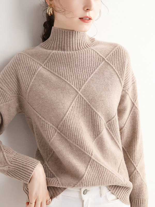 Camel Diamond Lattice Pattern Knit Sweaters