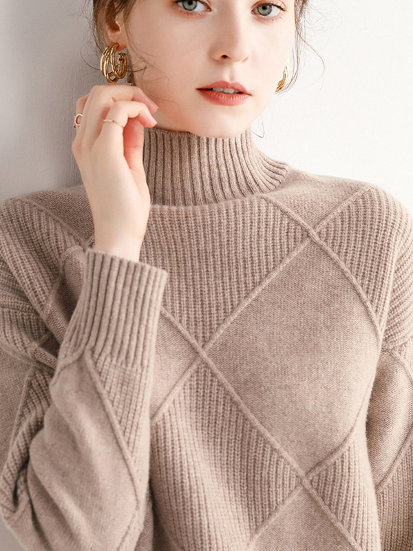 Camel Diamond Lattice Pattern Knit Sweaters