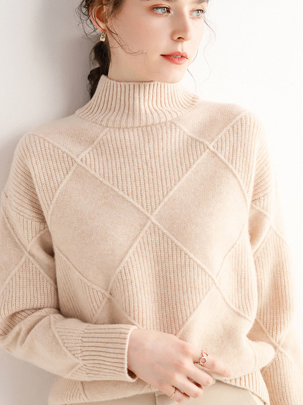 Beige Diamond Lattice Pattern Knit Sweaters