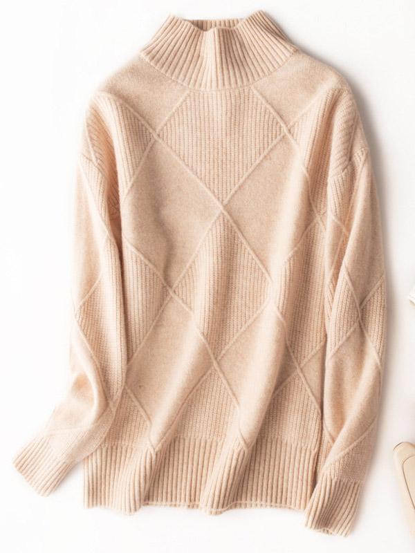 Beige Diamond Lattice Pattern Knit Sweaters