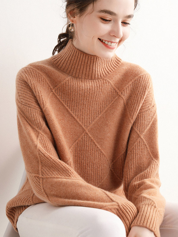 Brown Diamond Lattice Pattern Knit Sweaters