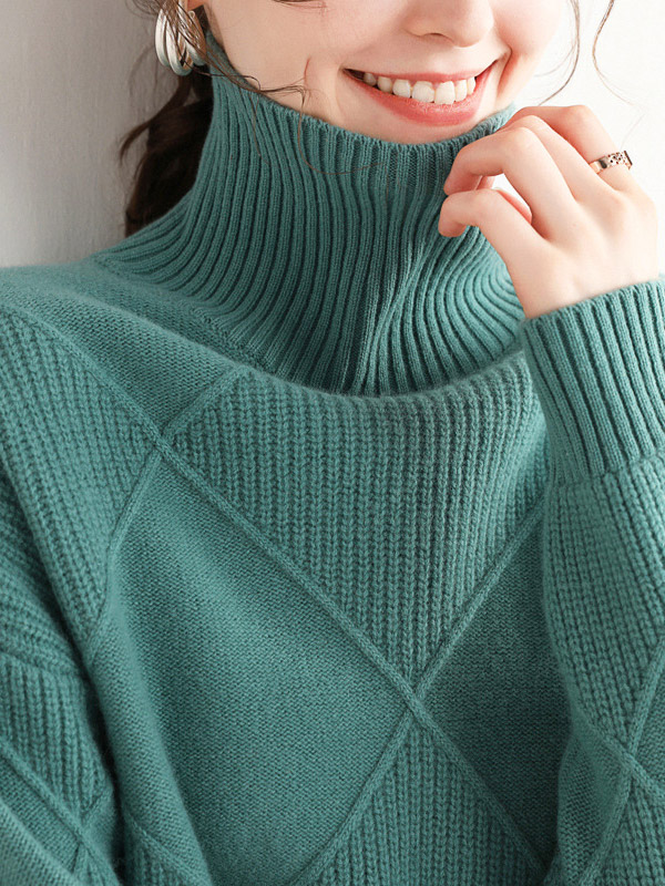 Green Diamond Lattice Pattern Knit Sweaters