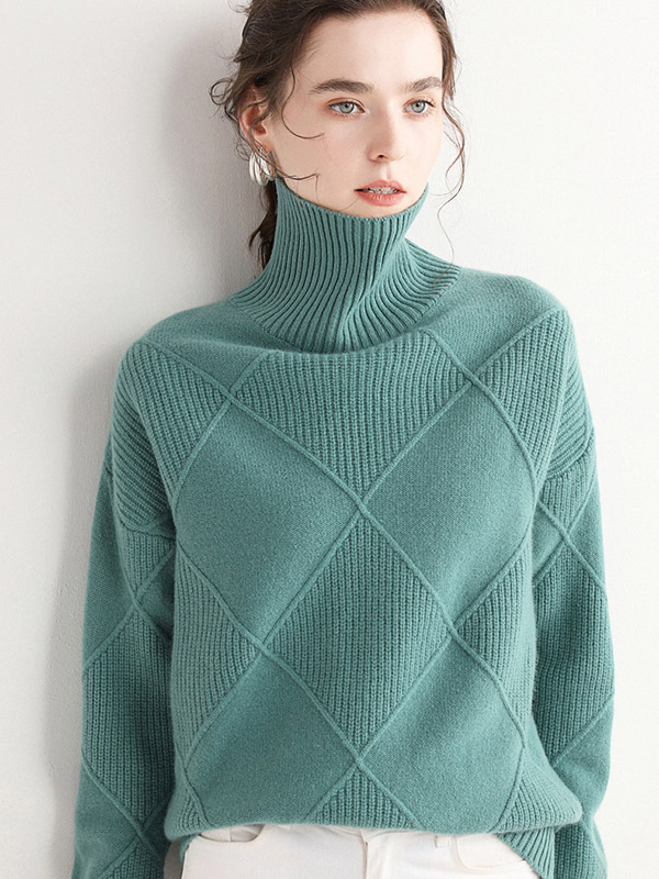 Green Diamond Lattice Pattern Knit Sweaters