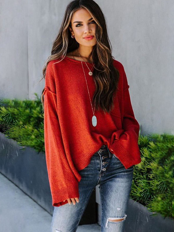 Red Oversize Front Pocket Detail Knit Sweaters