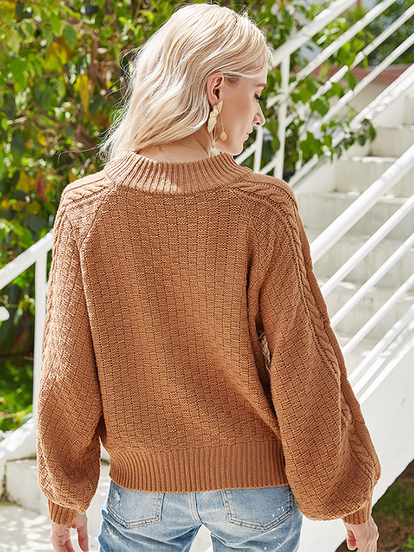 Brown Round Neck Twisted Flower Pattern Knit Sweaters