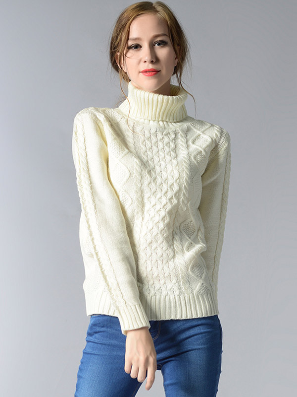 White Roll Neck Medium Knitted Sweaters