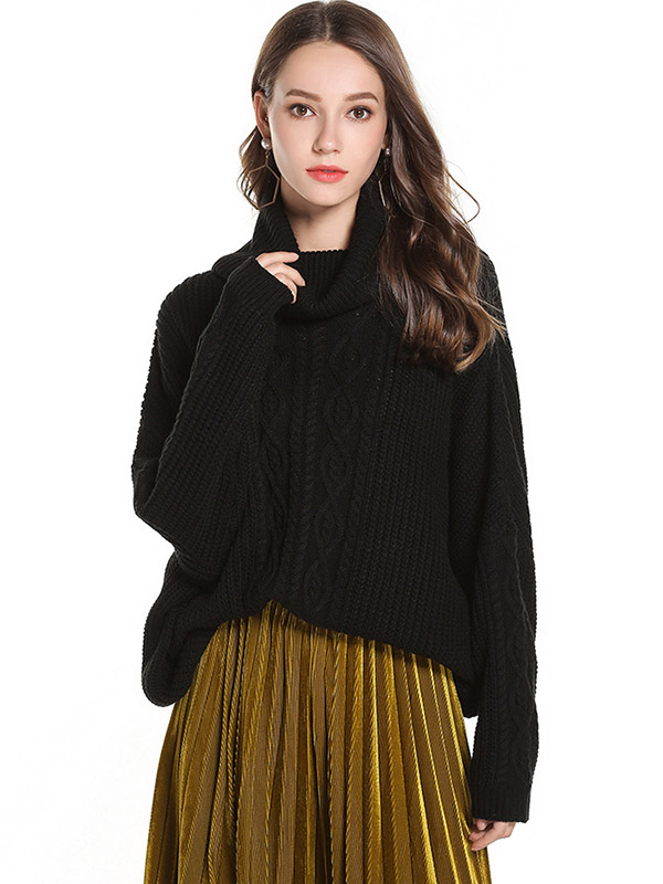 Black Oversize Funnel Neck Knit Sweaters