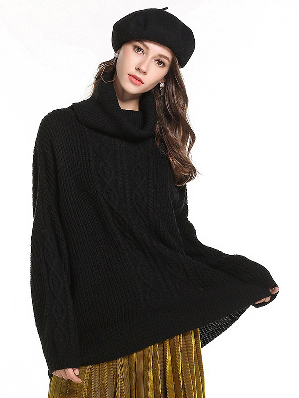 Black Oversize Funnel Neck Knit Sweaters