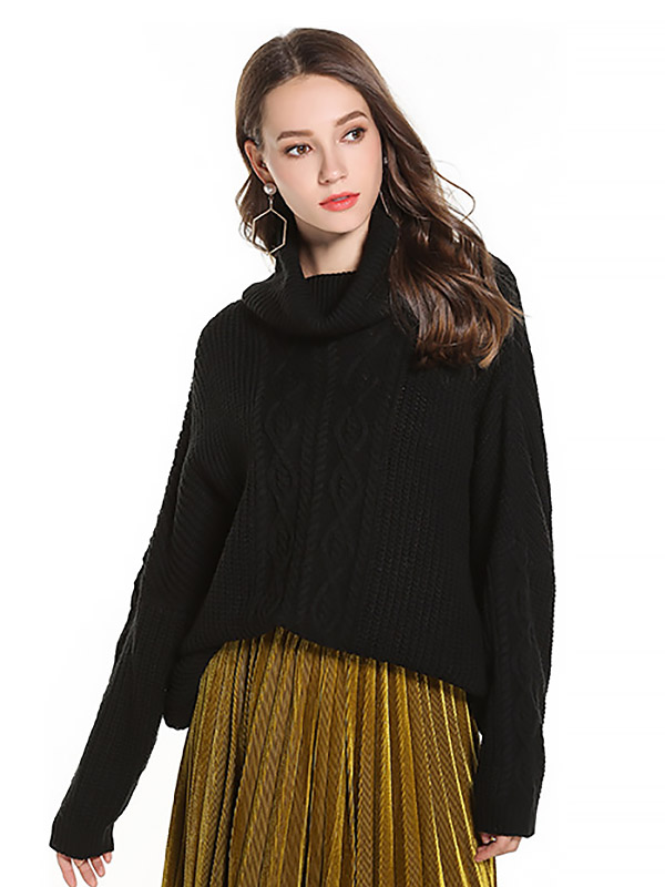 Black Oversize Funnel Neck Knit Sweaters