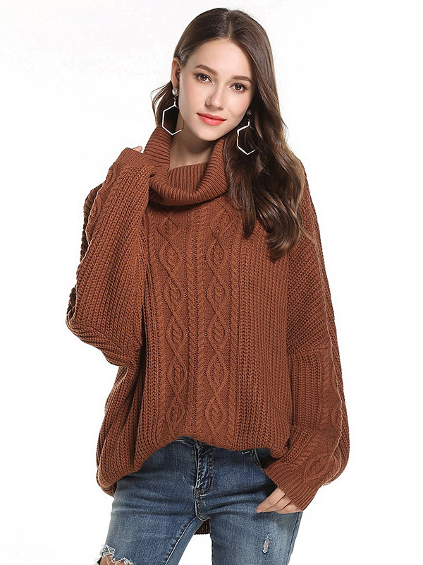 Brown Oversize Funnel Neck Knit Sweaters