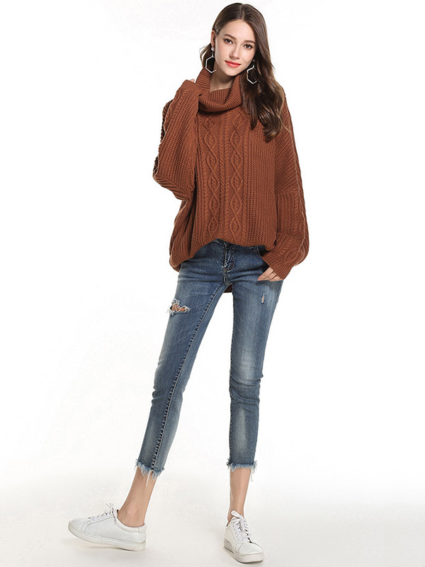 Brown Oversize Funnel Neck Knit Sweaters