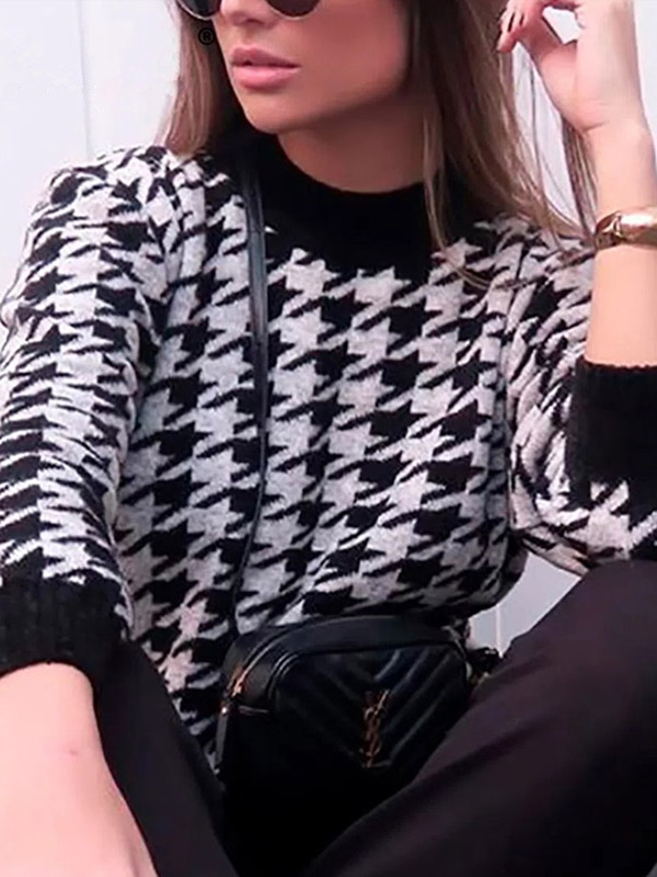 Black Retro Houndstooth Pattern Knit Sweaters