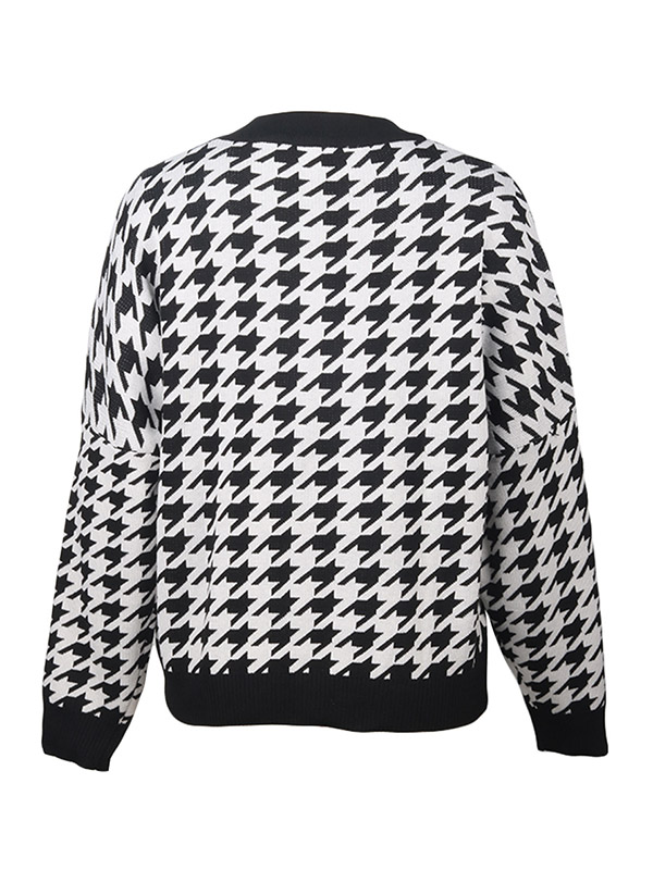 Black Retro Houndstooth Pattern Knit Sweaters