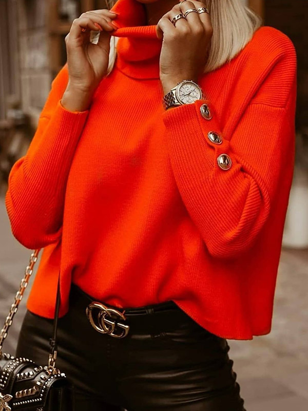 Red Funnel Neck Solid Color Knit Sweaters