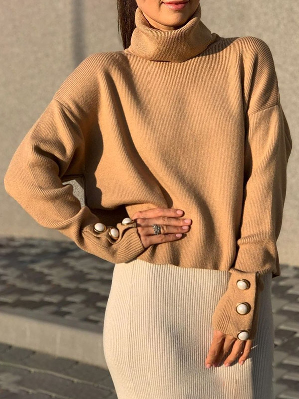 Camel Funnel Neck Solid Color Knit Sweaters