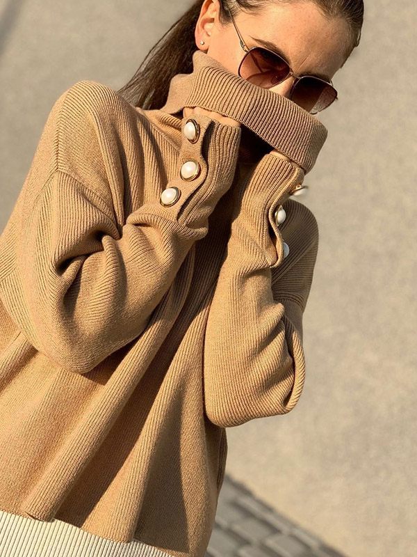 Camel Funnel Neck Solid Color Knit Sweaters