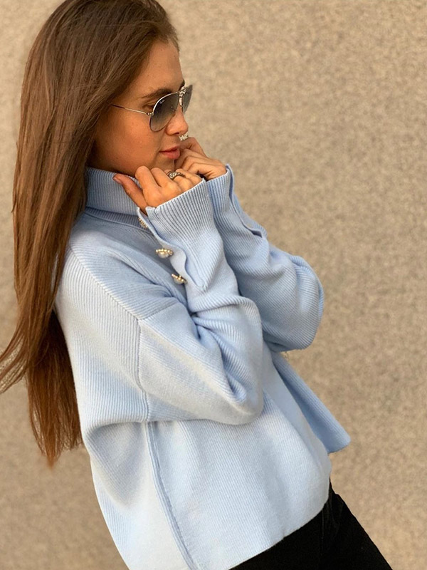 Blue Funnel Neck Solid Color Knit Sweaters