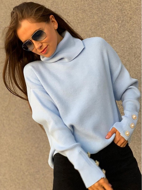 Blue Funnel Neck Solid Color Knit Sweaters