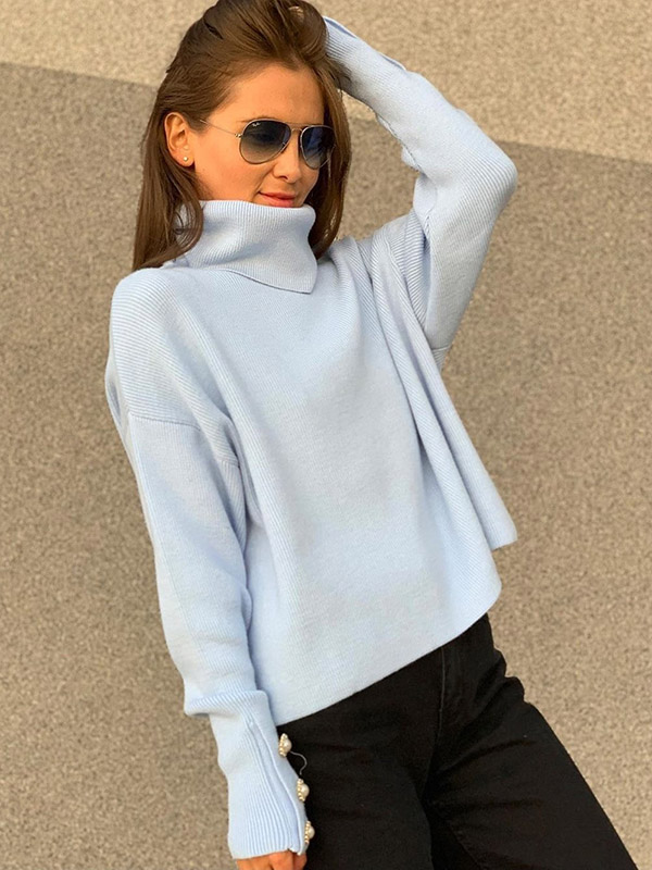 Blue Funnel Neck Solid Color Knit Sweaters