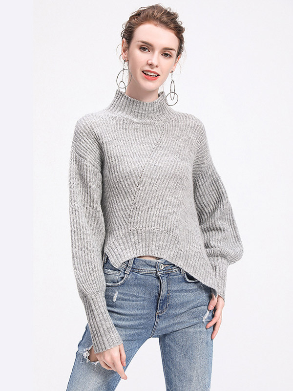 Grey Stand Collar Irregular Split Knit Sweaters